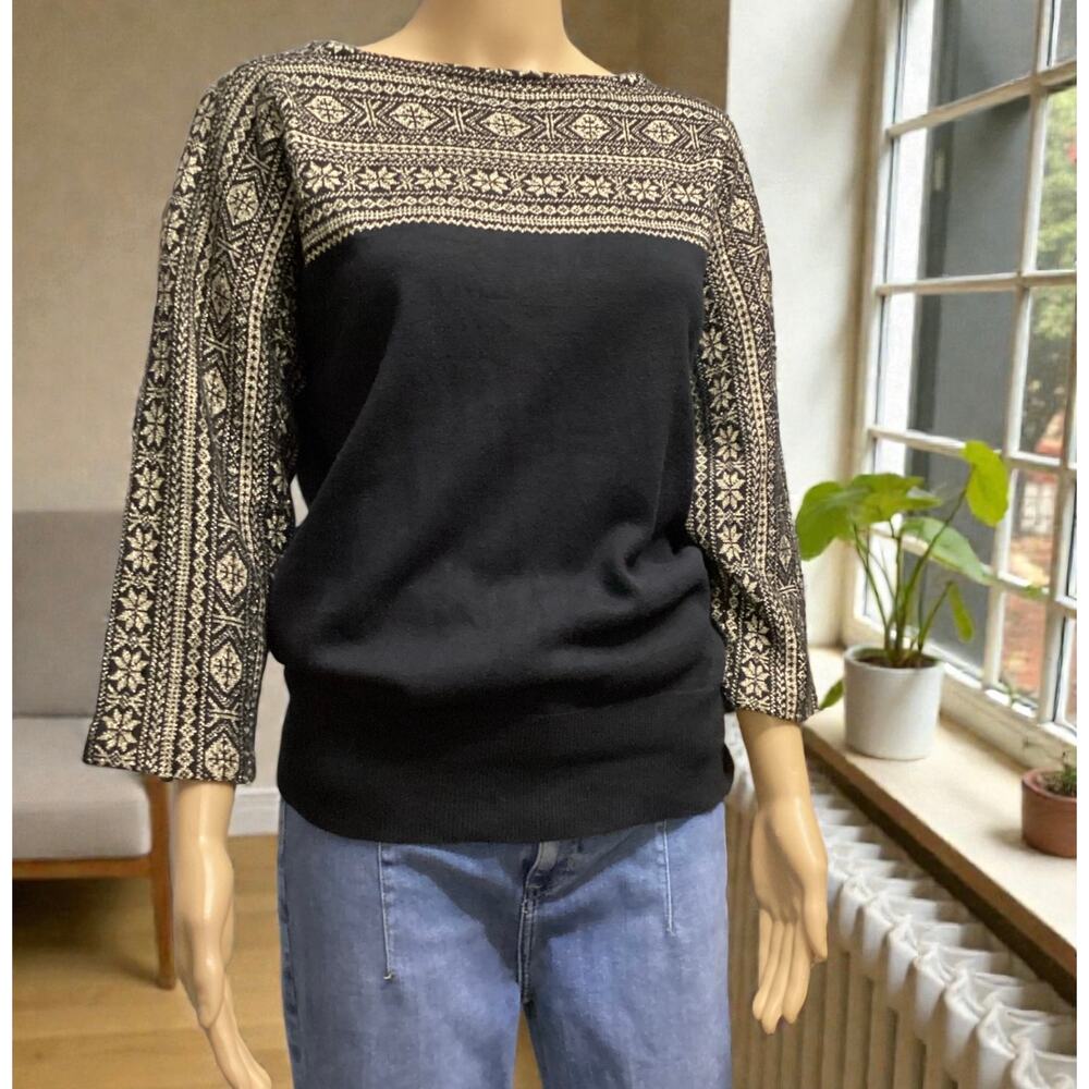 Lauren Ralph Lauren black sweater gold Fair Isle pattern 3/4-dolman sleeves sz M